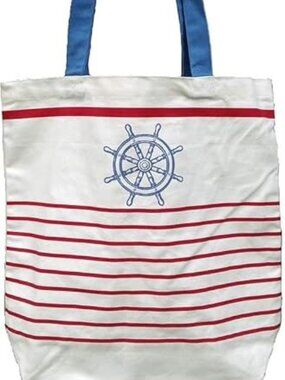 Nautical Striped Canvas Tote Bag with Ship Wheel Design, Red and White Stripes